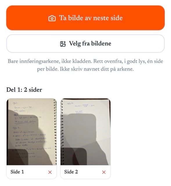 Leveringssiden på mobilen: «Ta bilde av neste side», «Velg fra bildene», og to leverte sider under «Del 1: 2 sider».